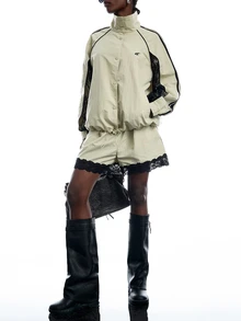 LYSMO Women's Streetwear Sage Green Colorblock Button Jacket And Lace Patchwork Shorts 2 Pieces Set Office Going Out Outfits For Women Fall - Mint Green - View 5