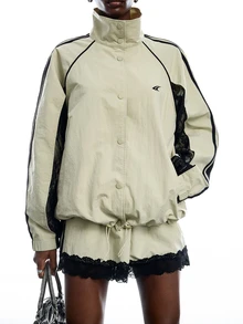 LYSMO Women's Streetwear Sage Green Colorblock Button Jacket And Lace Patchwork Shorts 2 Pieces Set Office Going Out Outfits For Women Fall - Mint Green - View 9