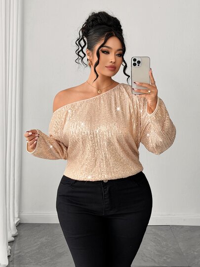 SHEIN LUNE CURVE Top da donna taglie forti con paillettes e spalla asimmetrica, maniche lunghe, taglio ampio asimmetrico in rete con paillettes, elegante top da donna per feste e serate fuori, alla moda, top, articolo indispensabile per feste/raduni/cocktail/feste di compleanno/festival musicali/vacanze/appuntamenti, pronto per le foto, top con paillettes e maniche lunghe asimmetriche