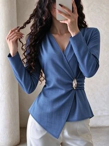 Elenzga ملابس علوية نسائي بسيط للتنقل، ملابس علوية منسدلة تنحيف متعددة الاستخدامات، ملابس علوية بأكمام طويلة متعددة الاستخدامات للارتداء المهني اليومي - ازرق ضبابي - مشاهدة 4
