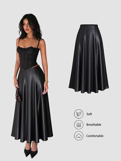 Sweetra Rok Panjang A-Line Minimalis Seksi Gaya Prancis Elegan Vintage Hitam Satin Serbaguna Musim Gugur/Dingin Rok Wanita Ramping yang Menawan