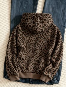 Tween Girls Hooded Zip-Up Jacket, Suitable For Autumn/Winter, Brown Leopard Print Digital Pattern, Simple Daily Casual Style, Back To School Essential, Comfortable And Easy To Wear, Family Outings, Simple Casual, Comfortable And Easy To Wear, Easy Sports, Basic Jacket, Daily Fashion. - Multicolor - View 2