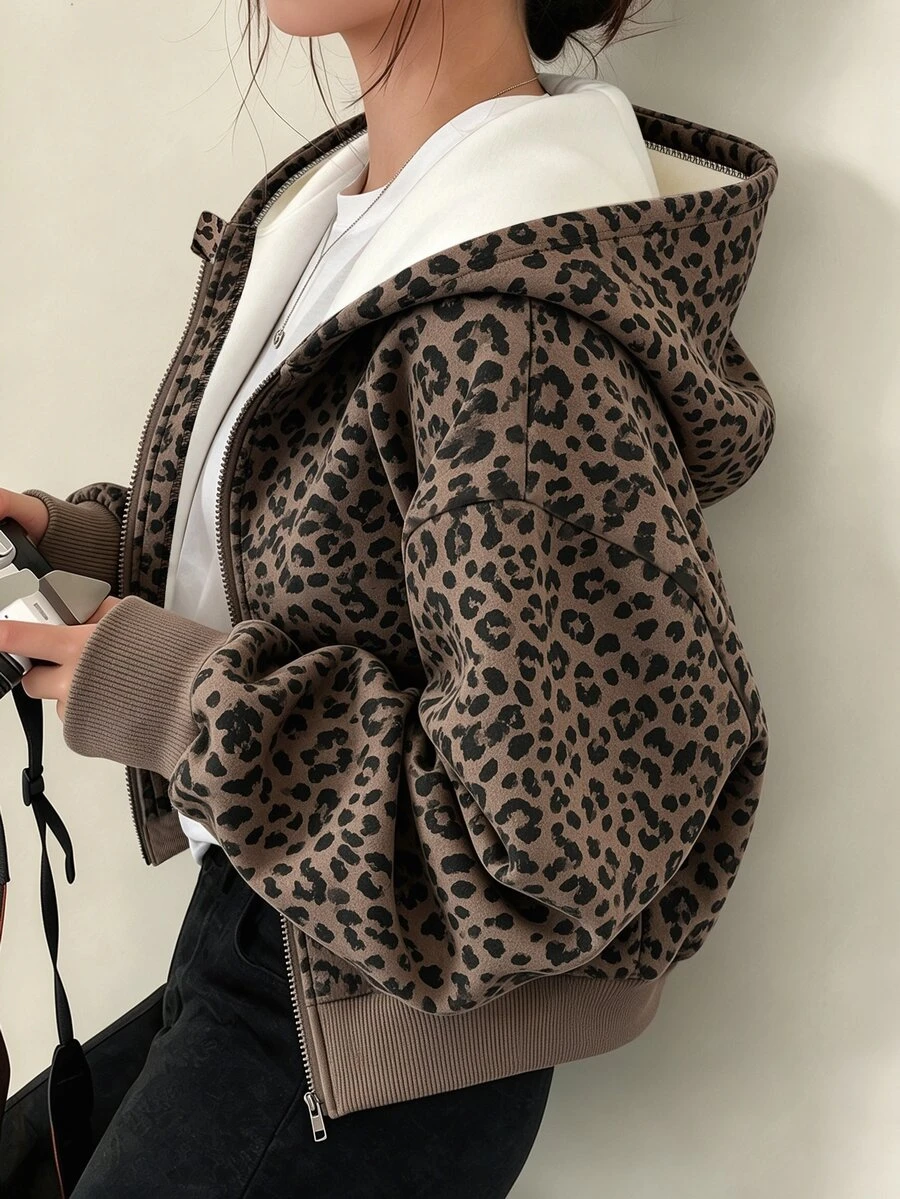 Tween Girls Hooded Zip-Up Jacket, Suitable For Autumn/Winter, Brown Leopard Print Digital Pattern, Simple Daily Casual Style, Back To School Essential, Comfortable And Easy To Wear, Family Outings, Simple Casual, Comfortable And Easy To Wear, Easy Sports, Basic Jacket, Daily Fashion. - Multicolor - View 1