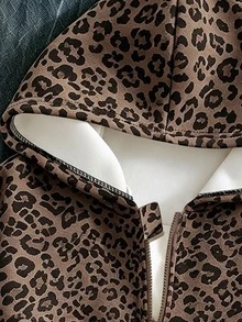 Tween Girls Hooded Zip-Up Jacket, Suitable For Autumn/Winter, Brown Leopard Print Digital Pattern, Simple Daily Casual Style, Back To School Essential, Comfortable And Easy To Wear, Family Outings, Simple Casual, Comfortable And Easy To Wear, Easy Sports, Basic Jacket, Daily Fashion. - Multicolor - View 4