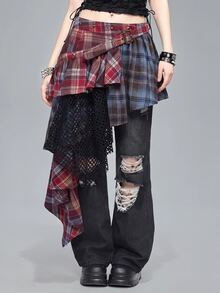 ROMWE Grunge Punk Váy ngắn mùa hè cho lễ Phục sinh tốt nghiệp bãi biển dành cho nữ, buổi hòa nhạc, lễ hội Nashville, không tay, họa tiết kẻ caro cổ điển, chắp vá, ren lưới, viền bất đối xứng, cạp thấp - màu nâu - Xem 1