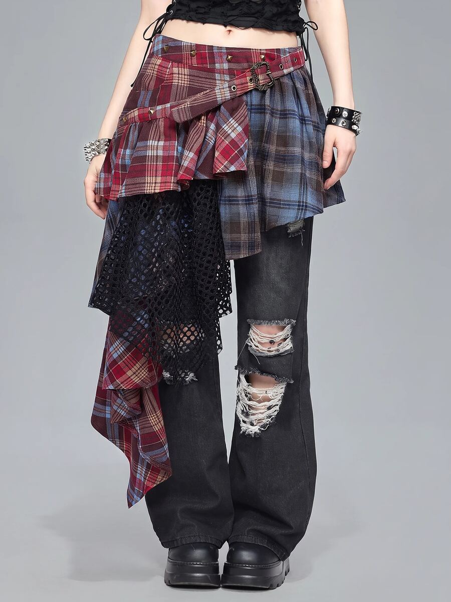 ROMWE Grunge Punk Váy ngắn mùa hè cho lễ Phục sinh tốt nghiệp bãi biển dành cho nữ, buổi hòa nhạc, lễ hội Nashville, không tay, họa tiết kẻ caro cổ điển, chắp vá, ren lưới, viền bất đối xứng, cạp thấp - màu nâu - Xem 1