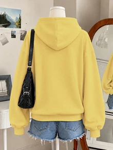 Resyla 美式復古 1997 星星印花黃色連帽衛衣女款，秋冬寬鬆慵懶休閒套頭上衣 - 卡其色 - 查看 2