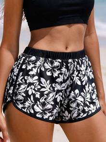 SHEIN Swim 女士休闲百搭成熟运动度假随机热带植物芙蓉花卉轮廓全身图形撞色沙滩短裤 - 黑與白 - 查看 6