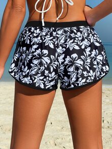 SHEIN Swim 女士休闲百搭成熟运动度假随机热带植物芙蓉花卉轮廓全身图形撞色沙滩短裤 - 黑與白 - 查看 2