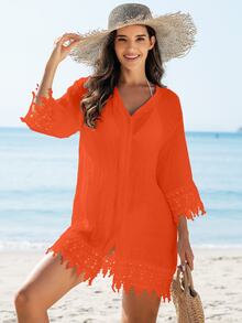 SHEIN Swim 女士花卉蕾丝边和服风格休闲度假海滩罩衫 - 橘色 - 查看 5