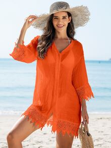 SHEIN Swim 女士花卉蕾丝边和服风格休闲度假海滩罩衫 - 橘色 - 查看 11