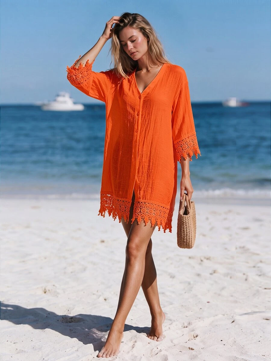 SHEIN Swim 女士花卉蕾丝边和服风格休闲度假海滩罩衫 - 橘色 - 查看 1