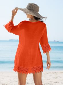 SHEIN Swim 女士花卉蕾丝边和服风格休闲度假海滩罩衫 - 橘色 - 查看 2