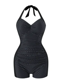 SHEIN Swim 女士波点印花拼接系带连体泳衣 - 彩色 - 查看 5