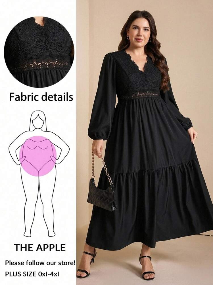 SHEIN LUNE Plus Size Elegant Commuter Solid Color Lace Patchwork Dress Brunch Cocktail Formal Dinner Party Black Autumn Fall - Black - View 15