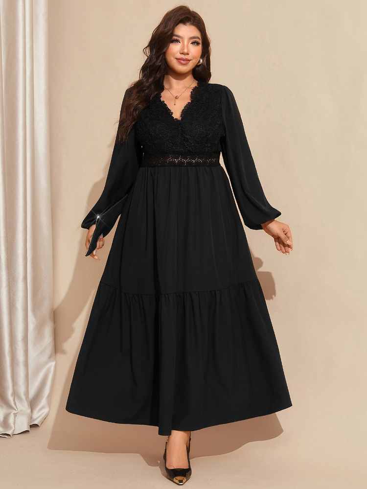 SHEIN LUNE Plus Size Elegant Commuter Solid Color Lace Patchwork Dress Brunch Cocktail Formal Dinner Party Black Autumn Fall - Black - View 11