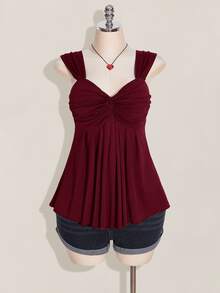 SHEIN ICON Plus Size Women's Wine Twist Front Sleeveless Babydoll Knit Top, Y2K Style, Suitable For Graduation/Back To School Season, Summer Cute Tops - Burgundy - View 10