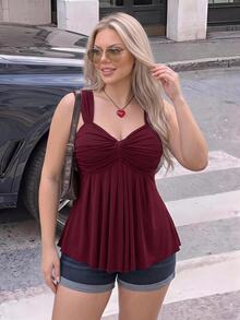 SHEIN ICON Plus Size Women's Wine Twist Front Sleeveless Babydoll Knit Top, Y2K Style, Suitable For Graduation/Back To School Season, Summer Cute Tops - Burgundy - View 3