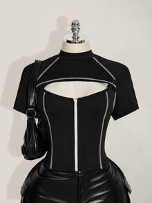 SHEIN ICON 加大码女式黑白撞色镂空拉链领T恤 - 黑色 - 查看 1