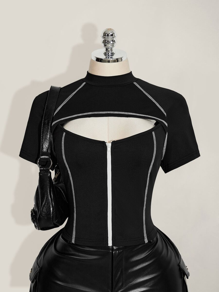 SHEIN ICON 加大码女式黑白撞色镂空拉链领T恤 - 黑色 - 查看 1