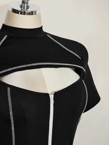 SHEIN ICON 加大码女式黑白撞色镂空拉链领T恤 - 黑色 - 查看 8