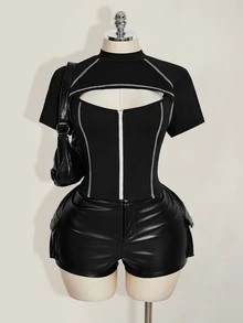 SHEIN ICON 加大码女式黑白撞色镂空拉链领T恤 - 黑色 - 查看 6