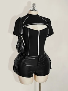 SHEIN ICON 加大码女式黑白撞色镂空拉链领T恤 - 黑色 - 查看 10
