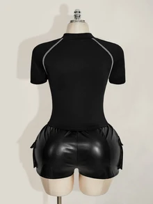 SHEIN ICON 加大码女式黑白撞色镂空拉链领T恤 - 黑色 - 查看 5