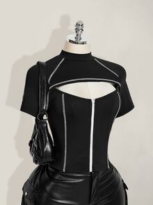 SHEIN ICON 加大码女式黑白撞色镂空拉链领T恤 - 黑色 - 查看 4