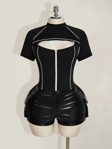 SHEIN ICON 加大码女式黑白撞色镂空拉链领T恤 - 黑色 - 查看 3