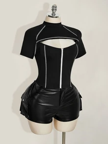 SHEIN ICON 加大码女式黑白撞色镂空拉链领T恤 - 黑色 - 查看 7