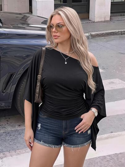 SHEIN ICON Women's Plus Size Retro Sexy Millennial Style Y2K Elegant Commuter Cold Shoulder Ruffled Short Sleeve Gathered Waist Black Top Fall