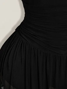SHEIN ICON Women's Plus Size Retro Goth Sexy Fashion Individual Simple Elegant Y2K Black Strapless Mesh Dress With Gathered Chest Going Out Rave Summer - Black - View 9
