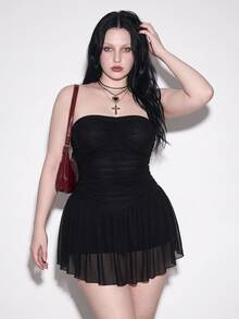 SHEIN ICON Women's Plus Size Retro Goth Sexy Fashion Individual Simple Elegant Y2K Black Strapless Mesh Dress With Gathered Chest Going Out Rave Summer - Black - View 2