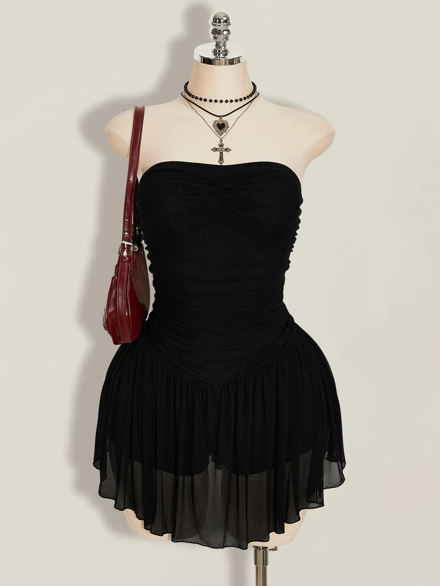 SHEIN ICON Women's Plus Size Retro Goth Sexy Fashion Individual Simple Elegant Y2K Black Strapless Mesh Dress With Gathered Chest Going Out Rave Summer - Black - View 1