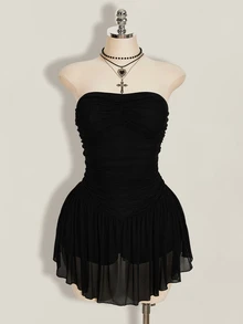 SHEIN ICON Women's Plus Size Retro Goth Sexy Fashion Individual Simple Elegant Y2K Black Strapless Mesh Dress With Gathered Chest Going Out Rave Summer - Black - View 3