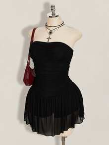 SHEIN ICON Women's Plus Size Retro Goth Sexy Fashion Individual Simple Elegant Y2K Black Strapless Mesh Dress With Gathered Chest Going Out Rave Summer - Black - View 4