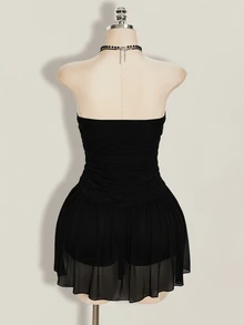 SHEIN ICON Women's Plus Size Retro Goth Sexy Fashion Individual Simple Elegant Y2K Black Strapless Mesh Dress With Gathered Chest Going Out Rave Summer - Black - View 5
