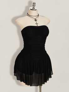 SHEIN ICON Women's Plus Size Retro Goth Sexy Fashion Individual Simple Elegant Y2K Black Strapless Mesh Dress With Gathered Chest Going Out Rave Summer - Black - View 7