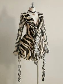 SHEIN ICON Plus Size Retro Sexy Fashion Individual Urban Modern Bohemian Style Music Festival Outfit: Ruffled Neckline, Bell Sleeves, Zebra Print Mesh Dress Fall - Black and White - View 7