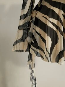 SHEIN ICON Plus Size Retro Sexy Fashion Individual Urban Modern Bohemian Style Music Festival Outfit: Ruffled Neckline, Bell Sleeves, Zebra Print Mesh Dress Fall - Black and White - View 8