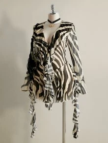 SHEIN ICON Plus Size Retro Sexy Fashion Individual Urban Modern Bohemian Style Music Festival Outfit: Ruffled Neckline, Bell Sleeves, Zebra Print Mesh Dress Fall - Black and White - View 4