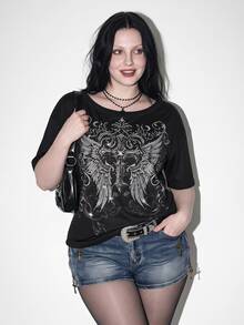 SHEIN ICON Plus Size Women's Gothic 90s Y2k Cross Pattern T-Shirt Office Black Summer - Black - View 1