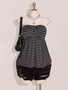 SHEIN ICON Plus Size Black Striped For Women,Summer Knitted Tube Top,Decorative Button Front Flowing Design,Back To School,Bootleg Curve,Night Out Going Out 90s - Black and White - View 7