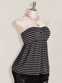 SHEIN ICON Plus Size Black Striped For Women,Summer Knitted Tube Top,Decorative Button Front Flowing Design,Back To School,Bootleg Curve,Night Out Going Out 90s - Black and White - View 8