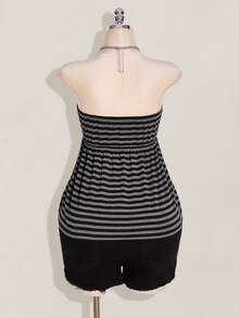 SHEIN ICON Plus Size Black Striped For Women,Summer Knitted Tube Top,Decorative Button Front Flowing Design,Back To School,Bootleg Curve,Night Out Going Out 90s - Black and White - View 5