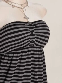SHEIN ICON Plus Size Black Striped For Women,Summer Knitted Tube Top,Decorative Button Front Flowing Design,Back To School,Bootleg Curve,Night Out Going Out 90s - Black and White - View 6