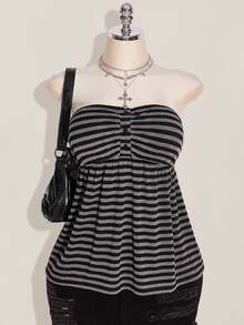 SHEIN ICON Plus Size Black Striped For Women,Summer Knitted Tube Top,Decorative Button Front Flowing Design,Back To School,Bootleg Curve,Night Out Going Out 90s - Black and White - View 2