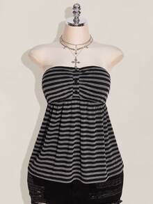 SHEIN ICON Plus Size Black Striped For Women,Summer Knitted Tube Top,Decorative Button Front Flowing Design,Back To School,Bootleg Curve,Night Out Going Out 90s - Black and White - View 3