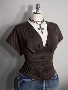 SHEIN ICON 女款大尺碼復古寬鬆性感都市現代簡約休閒優雅V領收腰棕色修身上衣，適合外出派對夏季穿著 - 棕色 - 查看 8